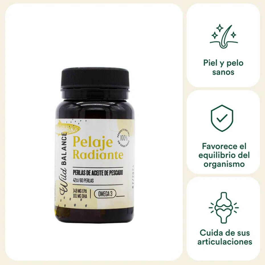 Wild Balance Pelaje Radiante Omega 3 Perlas de Aceite de Pescado para Perros y Gatos 60 cápsulas