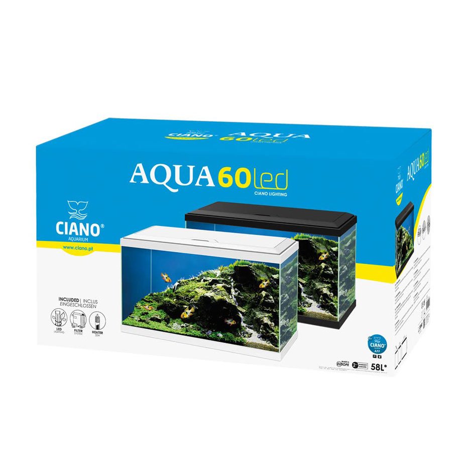 Acuario Aqua 60 LED Ciano 58L con Filtro Biológico, Iluminación LED y Calentador
