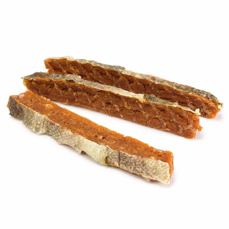 Barritas de salmón con piel para perros – snack natural pack 3 unidades