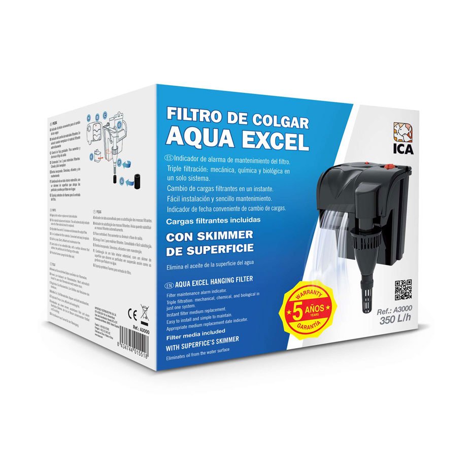 Filtro de Cascada AQUA EXCEL 350 L/h para Acuario con Filtración 3 en 1