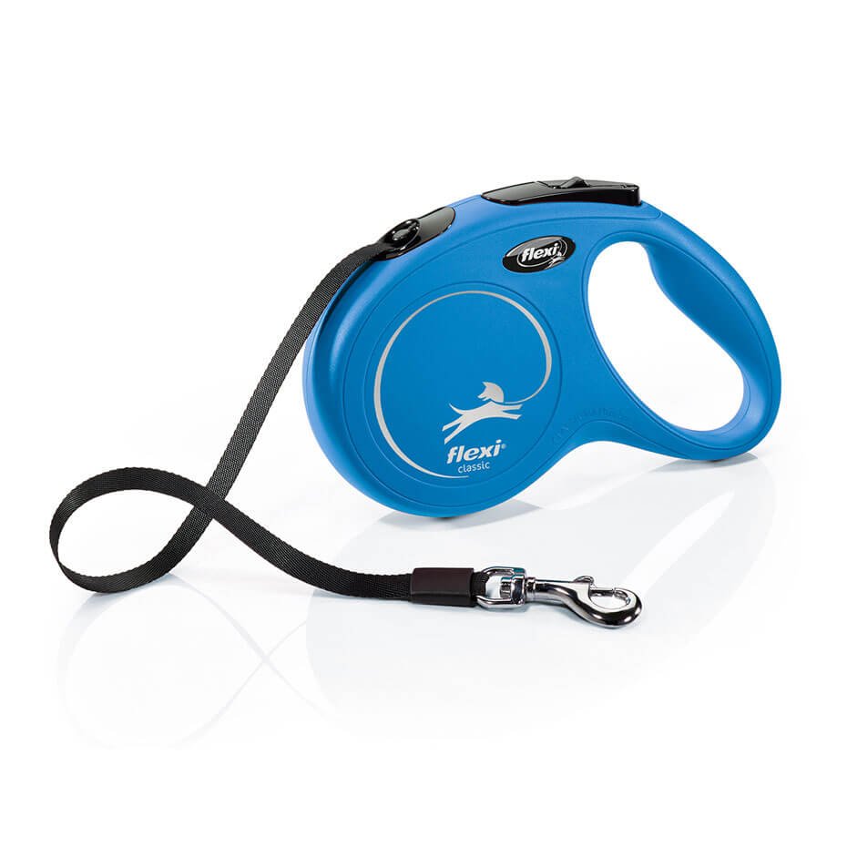 Correa extensible Flexi Classic azul para perros con sistema de frenado