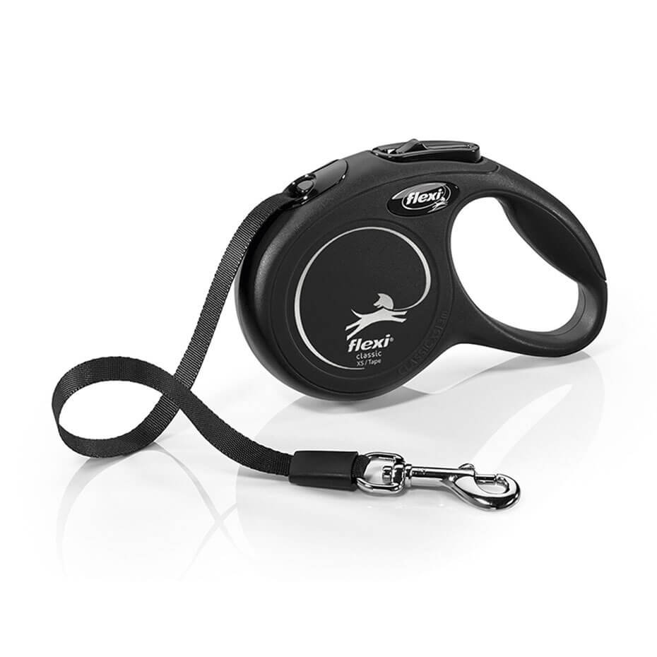 Correa extensible Flexi Classic negra para perros con sistema de frenado