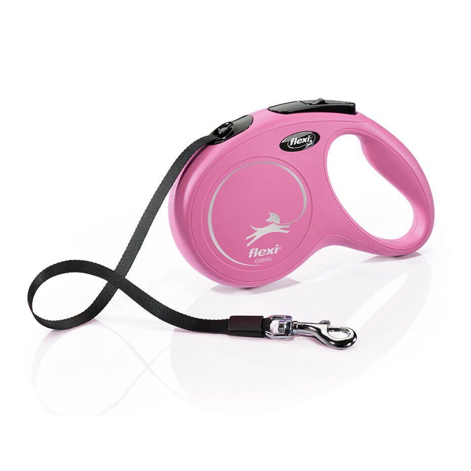 Correa extensible Flexi Classic rosa para perros con sistema de frenado