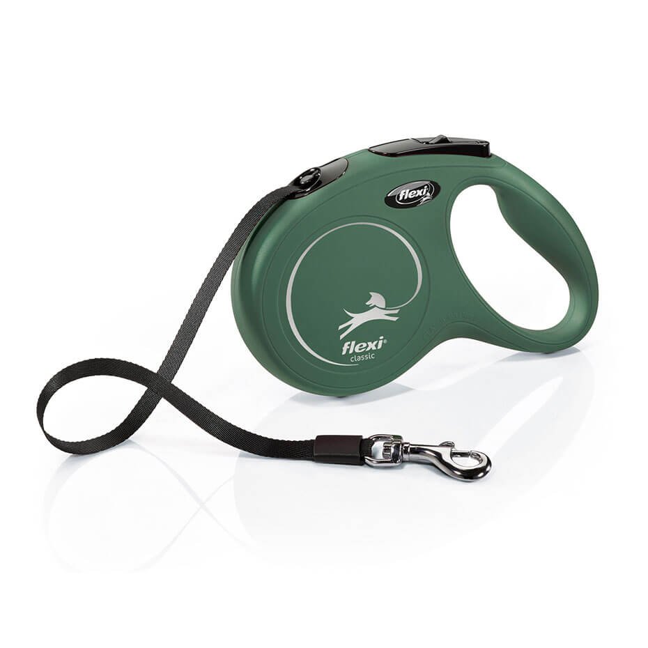 Correa extensible Flexi Classic verde oliva para perros con sistema de frenado