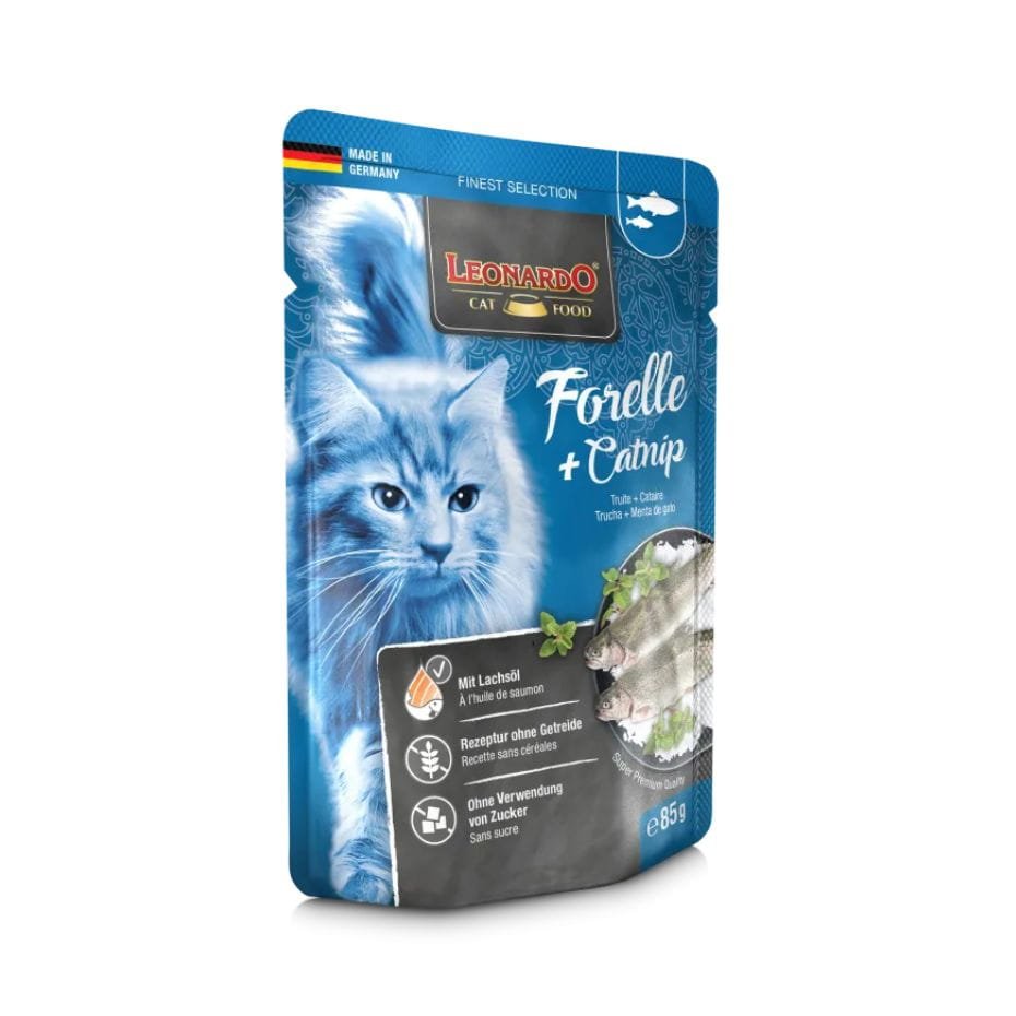 Leonardo Trucha y Catnip 85g – Alimento Húmedo Sin Cereales para Gatos Adultos