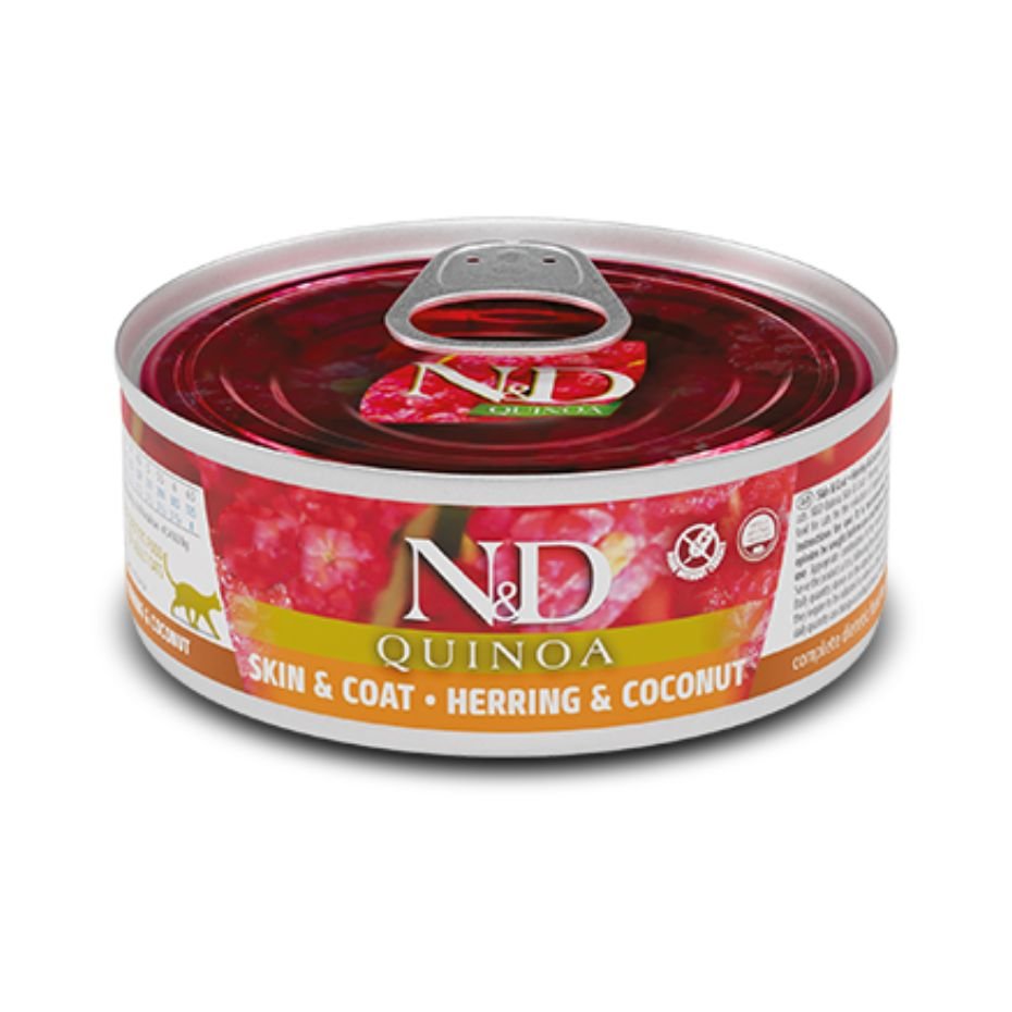 N&D Quinoa Skin & Coat Arenque y Coco Lata 80g para Gatos Adultos Piel Sensible