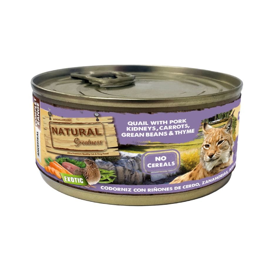 Natural Greatness Codorniz con Riñones de Cerdo 170g Lata Sin Cereales para Gatos Esterilizados