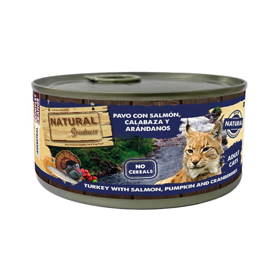 Natural Greatness Pavo con Salmón, Calabaza y Arándanos 185g Lata Sin Cereales para Gatos Adultos