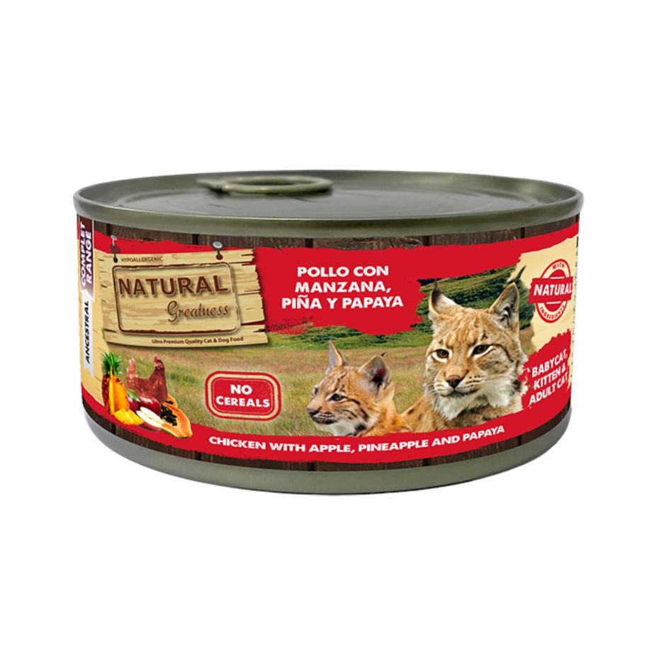 Natural Greatness Pollo con Manzana, Piña y Papaya 185g Lata Sin Cereales para Gatitos y Gatos Adultos
