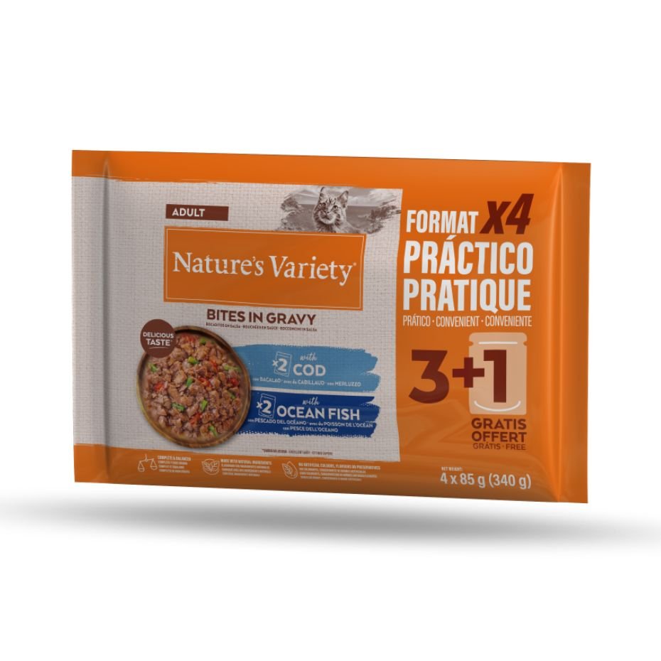 Pack NVC Bocados en Salsa con Bacalao y Pescado de Mar para Gatos Adultos 4x85g